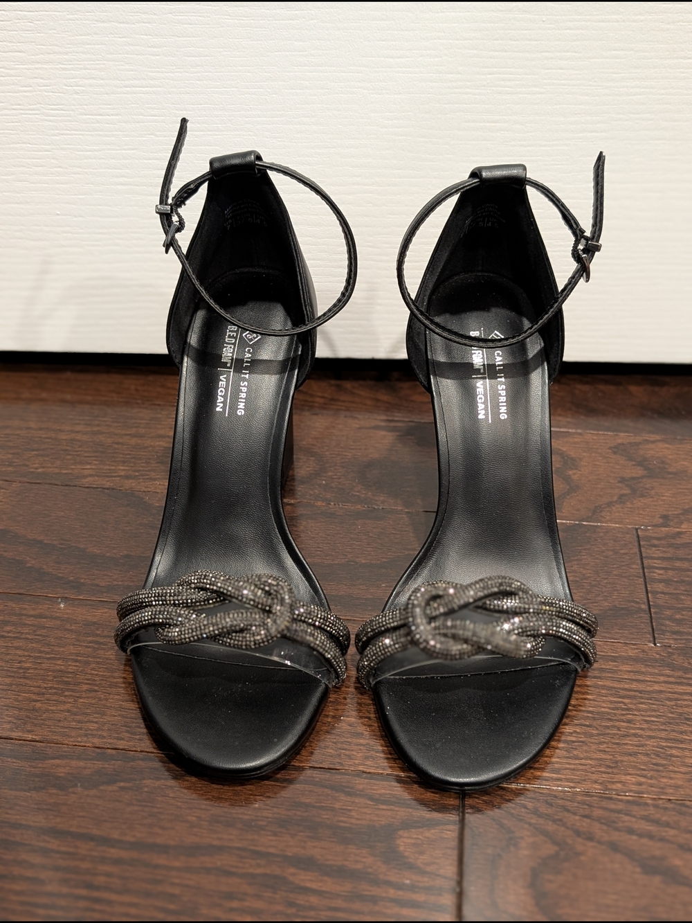 Call It Spring Black Ankle-Strap Dress Sandals with Beaded Knot. Size 7